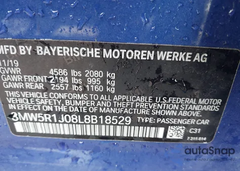 2020 BMW 330I из США, поврежденный, VIN 3MW5R1J08L8B18529